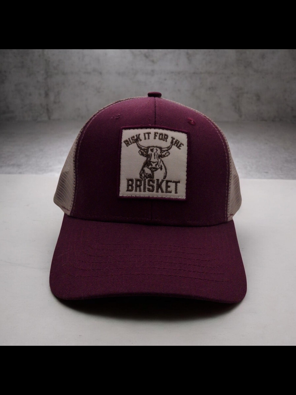 Brisket Patch Trucker Hat - Plum and Khaki